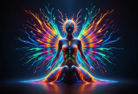 a full body fire entity with multicolored flames, professional photography of an fantastical warrior princess entirely made of cyberflies with whimsical elements, swirling magic, eerie fairytale landscape, elaborate fantasy style art, very colorful, intricate details, ultra sharp, exquisite detail, flawless composition, vivid colors, masterpiece, exciting background, TAS, TASvisuals, Psychedelic , Rave, Elaborate , Blacklight , Vibrant , cyberflies, black light paint, blp, Colorful Chaos Cracks and Drops, mad-glowtiedye, made out of,colorful,liquid,Murano Art Glass