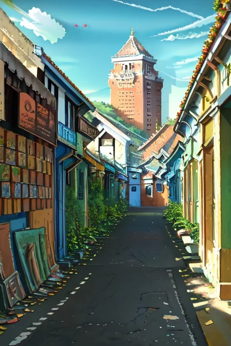 architecture, building, (shophouse), (Art Deco Architecture, skyscraper, art deco), cityscape, scenery, Southeast Asia, George Town, Penang, vintage, historical, heritage, orange tiled roof, pedestrian arcade, narrow facade, long windows, people, crowd, street vendors, road, perfect proportions, perfect perspective, 8k, masterpiece, best quality, high_resolution, high detail, photorealistic, no humans, scenery, landscape, nature, forest, tree, plant, mountainous horizon, river, day, sky, cloud, sunlight, sunbeam, outdoors, , building, house, shiny, still life, blurry, blurry background