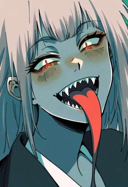 Perfect Fangs, sharp teeth, 1girl, smile, long tongue, forked tongue,