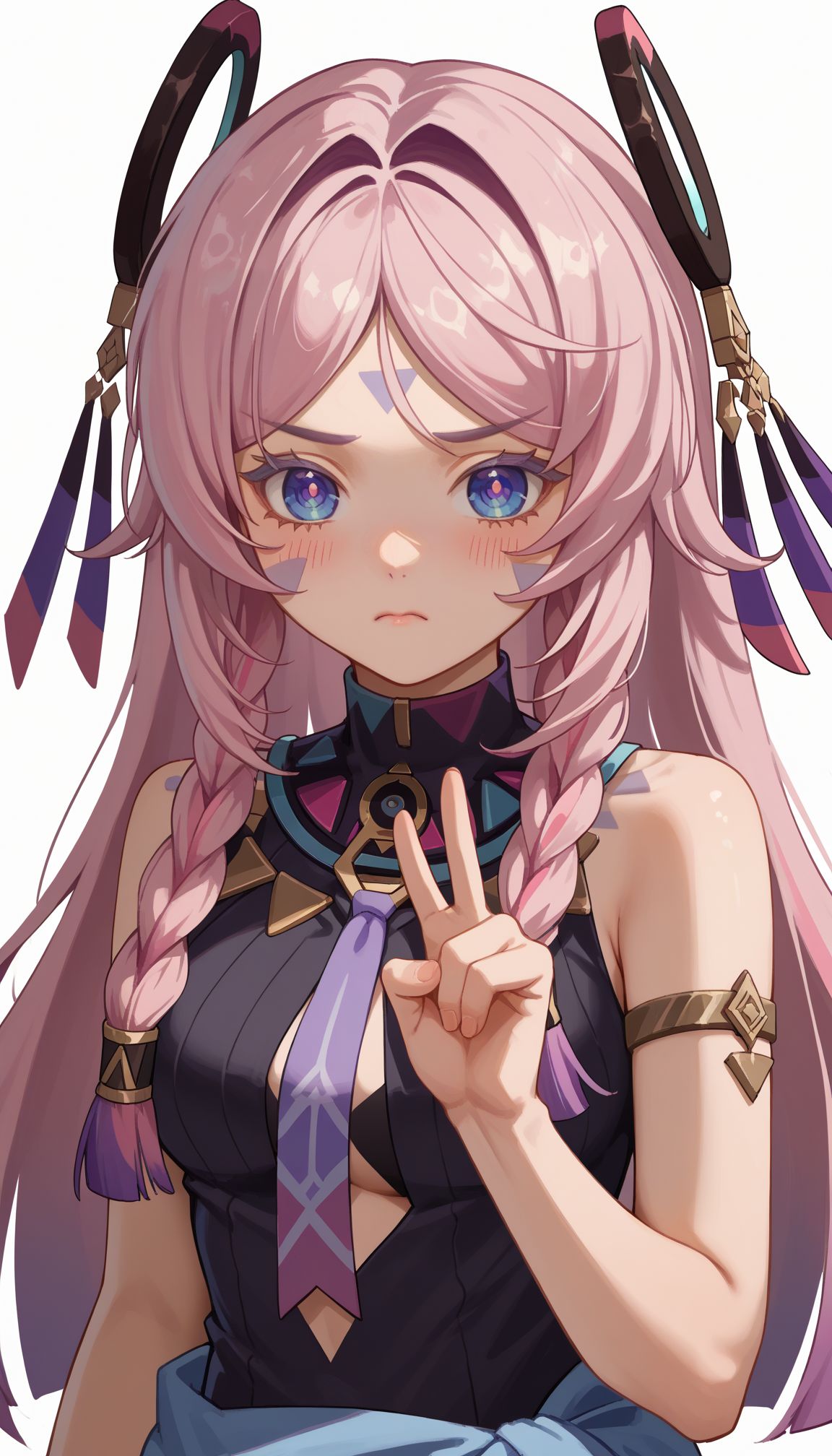 score_9, score_8_up, score_7_up, source_anime, 
 <lora:Citlali:1> 1girl, citlali_(genshin_impact), 1girl, @ @, long hair, v, pink hair, medium breasts, blush, braid, facial mark, looking at viewer, white background, upper body, bare shoulders, purple necktie, blue eyes, parted bangs, simple background, sleeveless, closed mouth, hand up, twin braids, hair ornament, headgear
