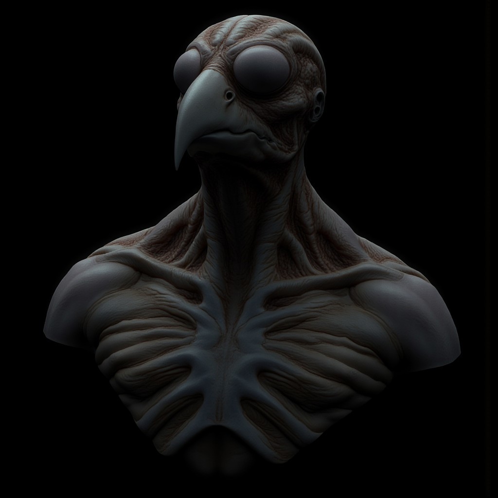 a hybrid insect bird with a fleshy texture and nuanced hues
Set against a solid dark black color background to emphasize its unsettling unnatural form that emphasizes its silhouette. The medium is not a traditional painting or illustrative medium like watercolor or ink but rather a digital 3D rendering.
MikeFranchinastyle, d4artstyle, d4concept, , bbstyle,, horror theme,, zbrush, ZBClay model of a gray sculpture, 1990's, 1990's style