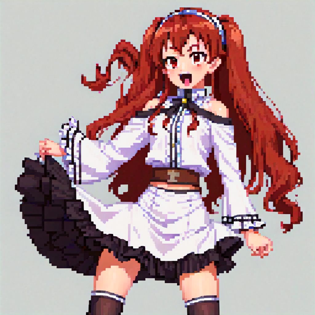eris, 1girl, solo,holding, holding hair, pantyhose, skirt, long hair, one eye closed, twintails, ahoge, tongue, black skirt, hairband, white pantyhose, red hair, tongue out, black hairband, bangs, bunching hair, red eyes, black footwear, shirt, cowboy shot, long sleeves, hair between eyes, white shirt, grey background, jacket, smile, blush, standing, ;q, very long hair, white jacket, closed mouth, looking at viewer, arms up, frills, thick eyebrows, mary janes, bare shoulders, frilled skirt, v-shaped eyebrows, wide sleeves