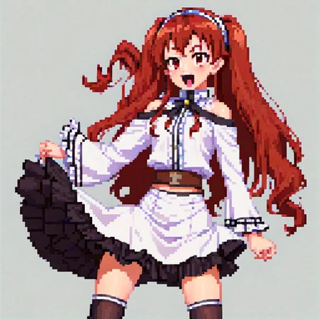 eris, 1girl, solo,holding, holding hair, pantyhose, skirt, long hair, one eye closed, twintails, ahoge, tongue, black skirt, hairband, white pantyhose, red hair, tongue out, black hairband, bangs, bunching hair, red eyes, black footwear, shirt, cowboy shot, long sleeves, hair between eyes, white shirt, grey background, jacket, smile, blush, standing, ;q, very long hair, white jacket, closed mouth, looking at viewer, arms up, frills, thick eyebrows, mary janes, bare shoulders, frilled skirt, v-shaped eyebrows, wide sleeves