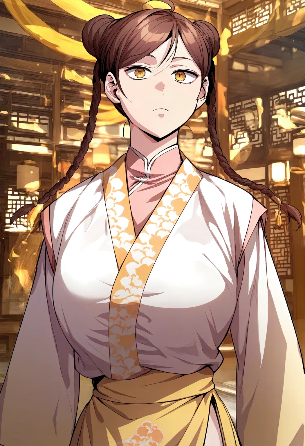 score_9, score_8_up, score_7_up, score_6_up, source_anime, rating_explicit, 1girl, (solo:1.1), huge breasts, <lora:Peng Mu-ah prefectPonyxl:1> brown hair, double bun, twin braids, brown eyes, long hair, ahoge, yellow eyes, chinese clothes, floral print, white shirt, pink shirt, wide sleeves, long sleeves, yellow skirt, expressionless, east asian architecture, outndoors, looking at viewer, standing, close-up