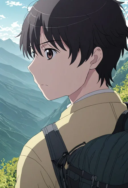 high resolution, solo, best quality, 1Boy, Inaho Kaizuka, Black Hair, Brown Eyes, landscape, upper body, look at the view behind, upper body, high mountain, hiking gear, , OverallDetail