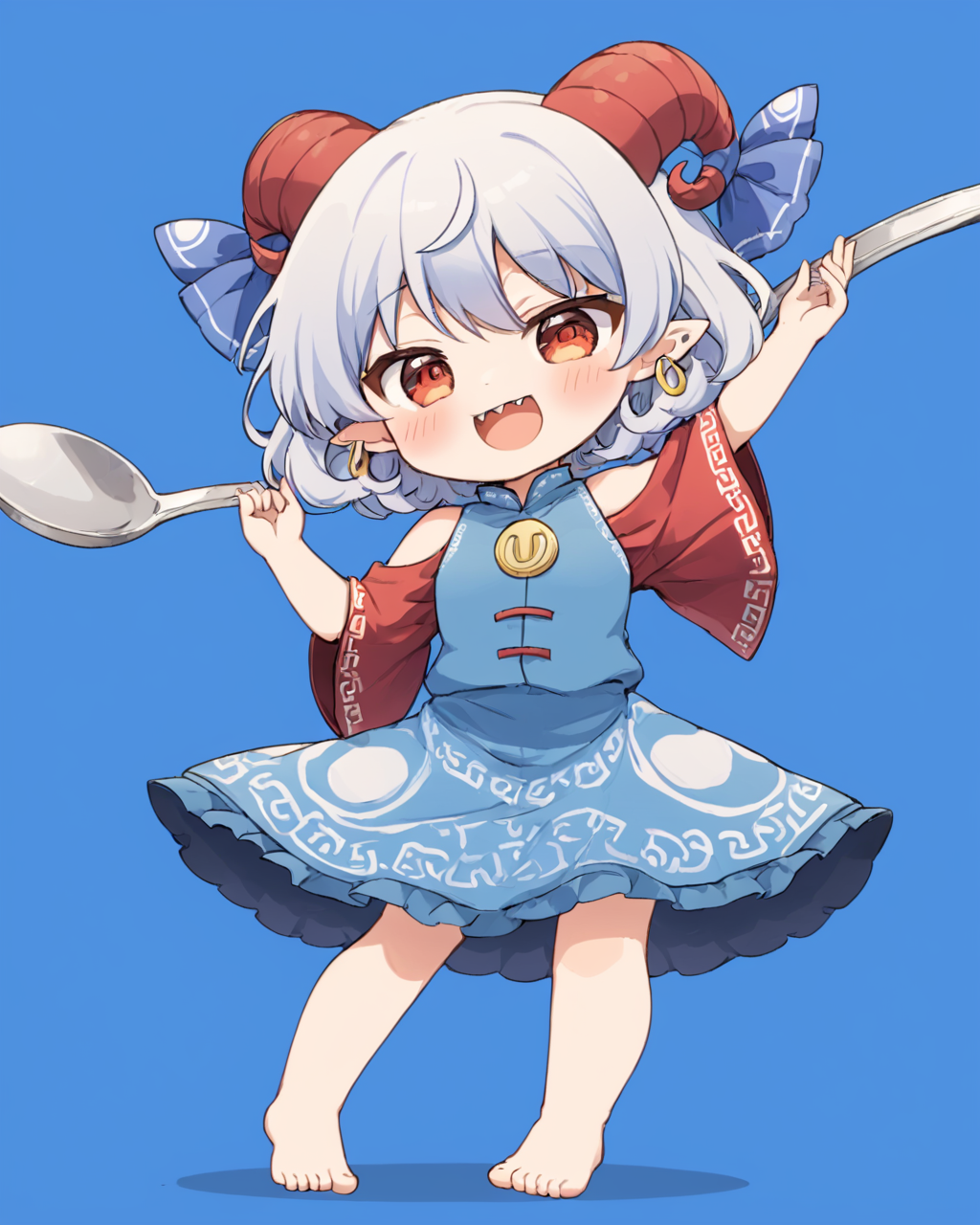 toutetsu yuuma,1girl, solo, blue_dress, sharp_teeth, barefoot, open_mouth, horns, earrings, smile, blue_ribbon, off-shoulder_dress, hand_up, wide_sleeves, bare_shoulders, chibi, arm_up, standing, blue_background, red_sleeves, detached_sleeves, looking_to_the_side, hands_up, multicolored_background, leg_up, weapon, spoon, looking_at_viewer, blush, short_sleeves
<lora:toutetsu_yuuma_image1106_2023-12-20-000014:1>,star-shaped_pupils,symbol-shaped_pupils,. gorgeous,key visual, vibrant, studio anime,award-winning, professional, highly detailed,high budget, cinemascope