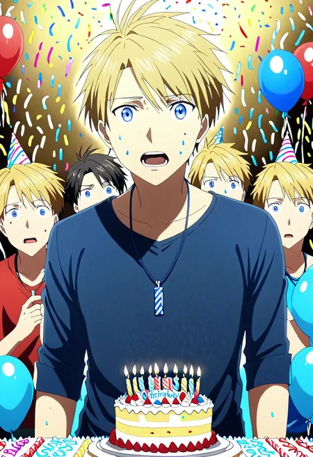 high resolution, solo, best quality, 1Boy, Yamato Ishida, Blond Hair, Blue Eyes, Necklace, surprisde, birthday surprise, birthday cake, birthday party, OverallDetail