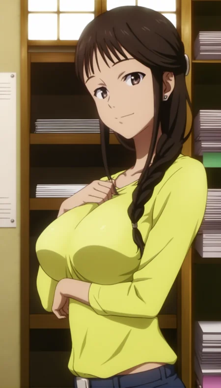 score_9,score_8_up,score_7_up,
<lora:MisatoSegawa:1>,
misato segawa,
1girl,solo,black hair,bangs,braid,
brown eyes,looking at viewer,smile,
earrings,yellow t-shirt,long sleeves,
portrait,
workspace,shelves in background,
blurry background,bloom,lens flare,vignetting,indoors,office,