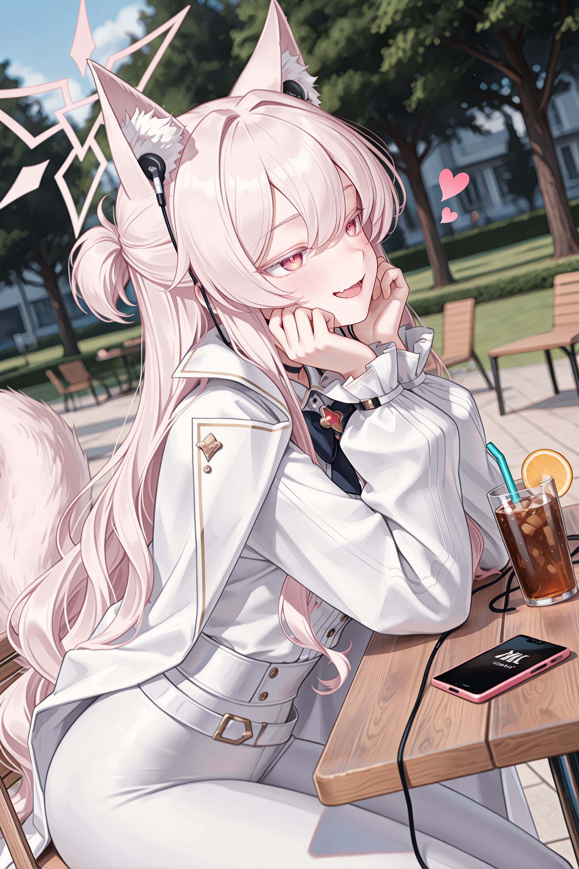 1girl, solo, akira \(blue archive\), halo, animal ears, fox ears, fox tails, fox girl, 
white clothes, capes, 
seductive smile, wavy mouth, blush, looking ahead, heart, open mouth, 
sitting, earphones on animal ears, smartphone, hands on own cheek, hunched over, 
outdoors, park, drink, table, chair, solo focus, dutch angle, from side, 
cowboy shot, masterpiece, best quality, amazing quality, very aesthetic, absurdres, highres, newest, <lora:xl_saturation_slider:0.1>, <lora:illustriousXLv01_stabilizer_v1.164:0.4>, <lora:reduce_wrinkles_illstriouosv0.1_ADDifT_2_in_1_v1.2:0.9>, <lora:earphonesonanimalearsillv1:1>,