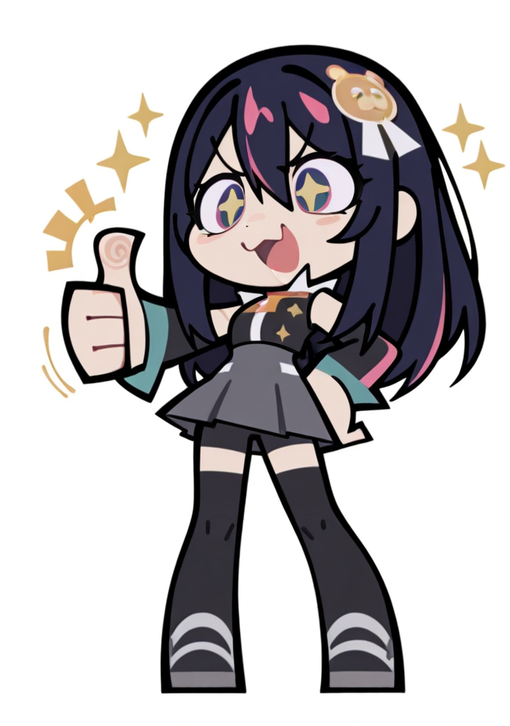 masterpiece,best quality,amazing quality,
1girl,<lora:zzzemoji:1>,zzzemoji,chibi,simple background,thumbs up,hoshino ai,solo,+ +,