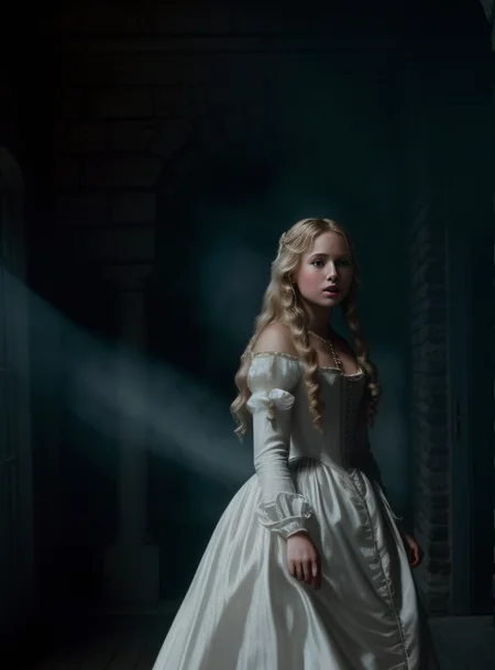 <lora:burton:1>tm style, a beautiful blonde woman white skin from the year 1800 in a dress of the time,movie frame, cinematic, a lot of haze, volumetric lights, realistic, 8k