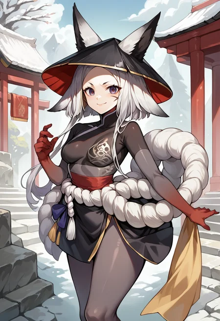 score_9, score_8_up, source_anime, 1girl, solo, Samurikku, red eyes, white hair, animal ears, long hair, facial mark, black hat, ears through headwear, grey bodysuit, print bodysuit, red hands, white rope, black skirt, tail, outdoors, shrine, smile, <lora:ChamDyarikkuPonyXL:1>