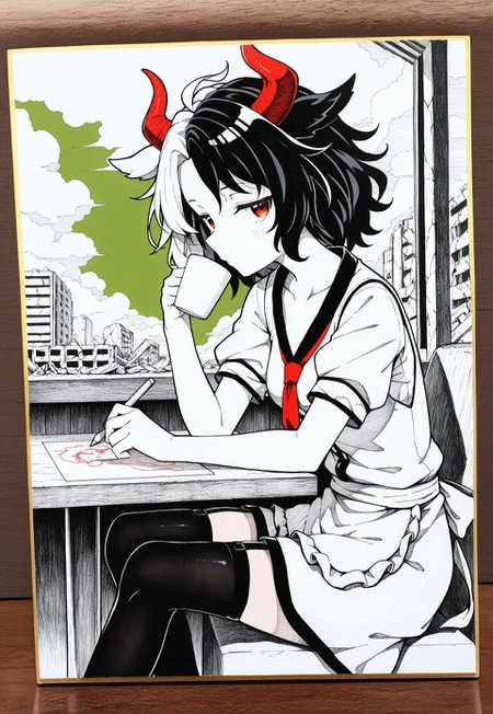 (holding_pencil, drawing, partially colored, shikishi, unfinished),
1girl, [sitting], three quarter view, armrest, [leaning], drinking coffee, sideways glance, jitome,
[ushizaki_urumi, split-color hair], skinny, waitress, vest, necktie, zettai_ryouiki, garter straps, black stockings, fine fabric emphasis,
hamada_yoshikazu, qqqrinkappp,
filled composition, cafe, indoors, looking outside, destruction, post-apocalypse, ruins, cloudy green sky,
masterpiece, best quality, absurdres,