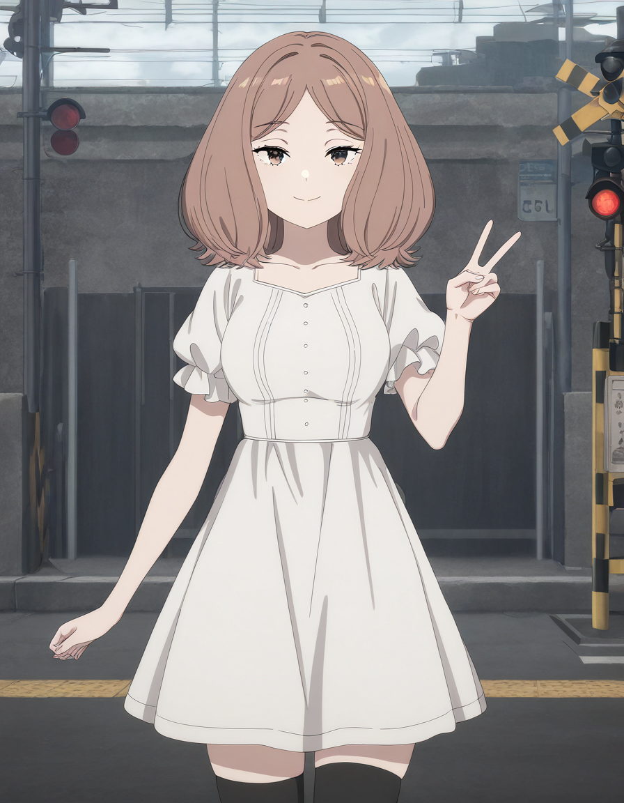 masterpiece, best quality, newest, absurdres, highres, safe,, <lora:mage-edel-s1-illustriousxl-lora-nochekaiser:1>, edel, brown hair, brown eyes, medium hair, medium breasts, anime screencap, thighhighs, dress, black thighhighs, white dress, short sleeves, puffy sleeves, puffy short sleeves, railroad crossing, sign, gate, train, street, smile, v, looking at viewer, solo,, cowboy shot, solo