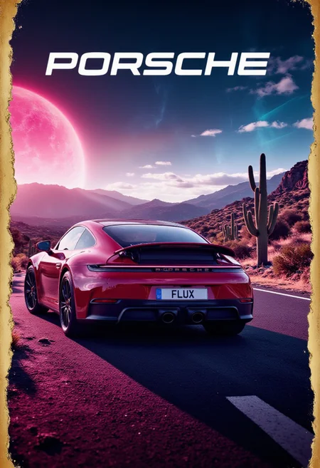 Epic Poster with text":Porsche",
Porsche 911 GTS driving through a futuristic desert with holographic cacti and a neon-lit sky, blending past and future aesthetics, ultra-realistic yet surreal,
numberplate reads FLUX,
, detailmaximizer, gold frame, secretlab