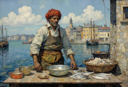 A digital painting with a vibrant, impressionistic style. It depicts a fisherman sells fish on a sunny day.