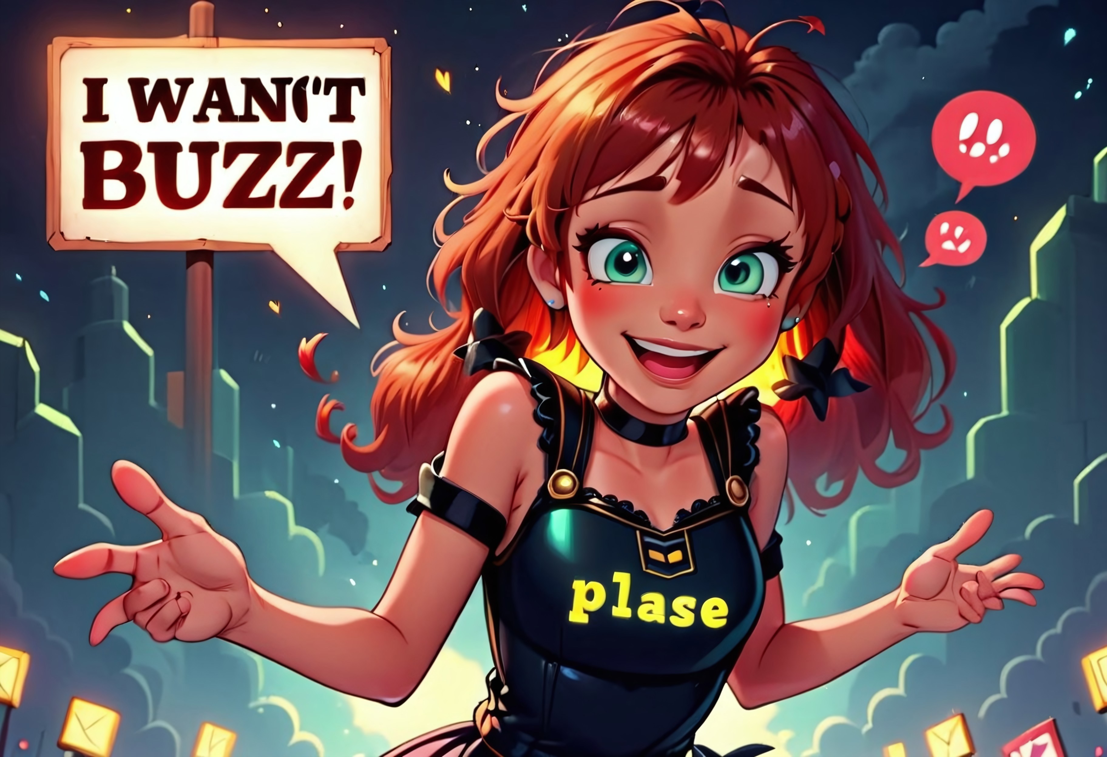 buzz, beautiful girl smiling with a sign with text "i want buzz please" <lora:buzz-text:.8>
cutie face, red hair, black dress, green eyes