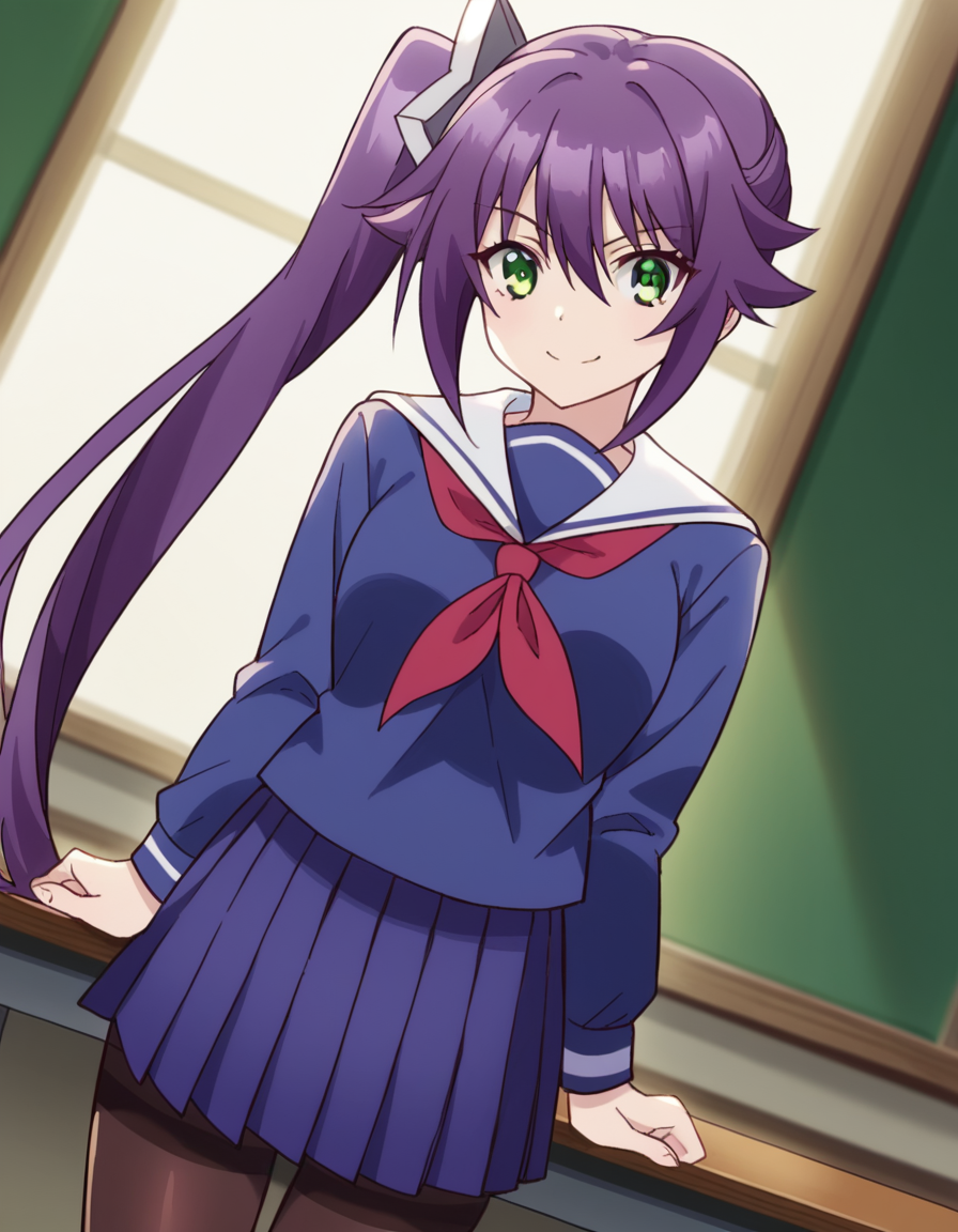 score_9, score_8_up, score_7_up, source_anime, <lora:sagiri-ameno-s1-ponyxl-lora-nochekaiser:1>, sagiri ameno, long hair, hair between eyes, very long hair, green eyes, purple hair, side ponytail,, skirt, long sleeves, school uniform, pantyhose, pleated skirt, serafuku, blue skirt, neckerchief, black pantyhose, red neckerchief, thighband pantyhose, blue serafuku,, indoors, smile, looking at viewer, solo,, cowboy shot, dutch angle