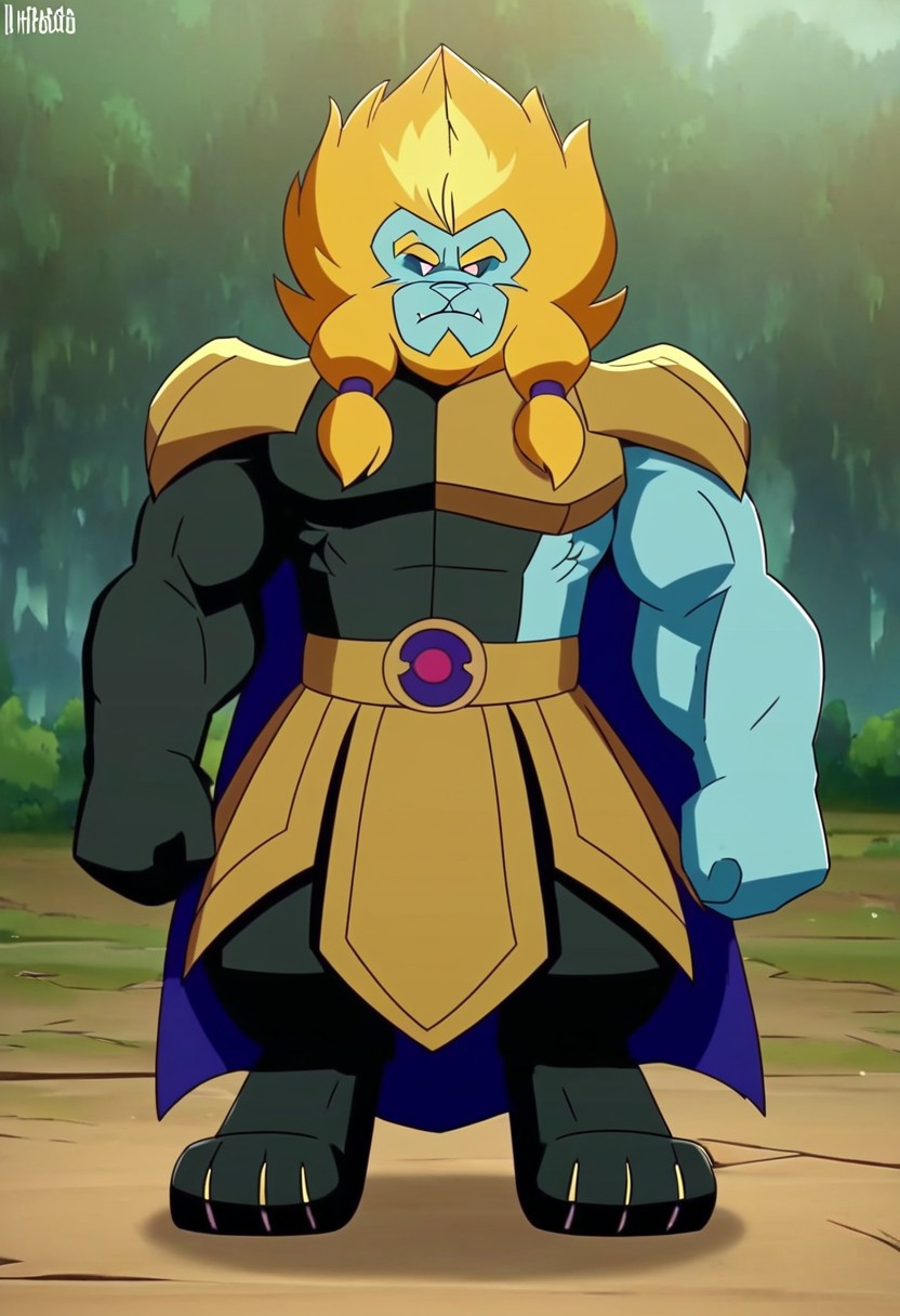 Azure lion ,solo,Lion furry,neutral expression,looking at the viewer,long hair,blue skin,muscular,braid,blonde hair,standing,front view,full figure,full body,full body shot,forest background with a clear sky.MASTERPIECE, PERFECT, EXCELLENT, GREAT MASTERPIECE score up9, precise and clear,