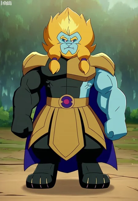 Azure lion ,solo,Lion furry,neutral expression,looking at the viewer,long hair,blue skin,muscular,braid,blonde hair,standing,front view,full figure,full body,full body shot,forest background with a clear sky.MASTERPIECE, PERFECT, EXCELLENT, GREAT MASTERPIECE score up9, precise and clear,