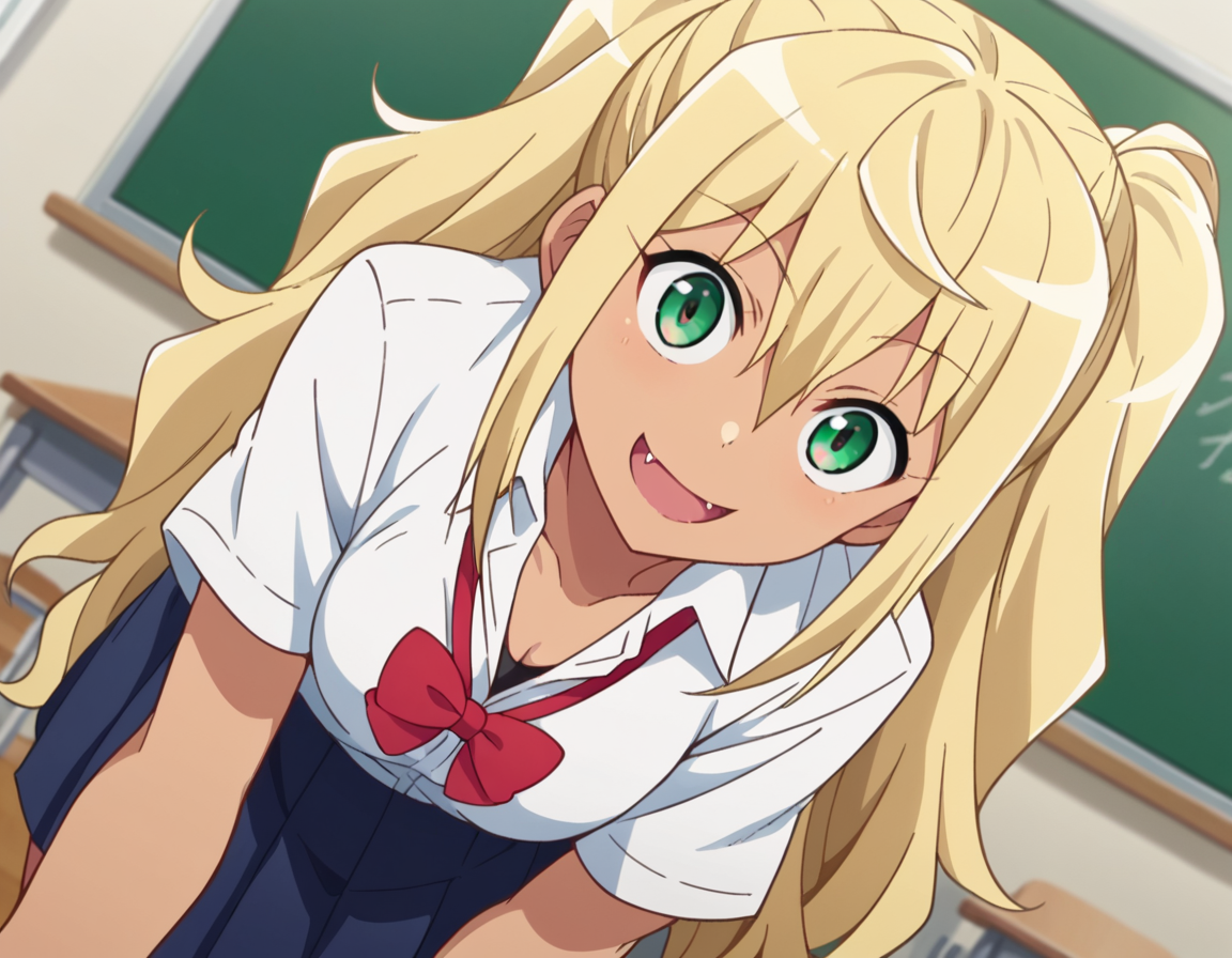 score_9, score_8_up, score_7_up, source_anime,
hibikisakura, <lora:hibiki-sakura-s1-ponyxl-lora-nochekaiser:1>
hibiki sakura, long hair, blonde hair, hair between eyes, twintails, green eyes, fang, dark skin, dark-skinned female, gyaru, mature female,
skirt, shirt, bow, school uniform, white shirt, short sleeves, collared shirt, bowtie, red bow, red bowtie,
indoors, classroom, smile, bent over,
looking at viewer, dutch angle, cowboy shot