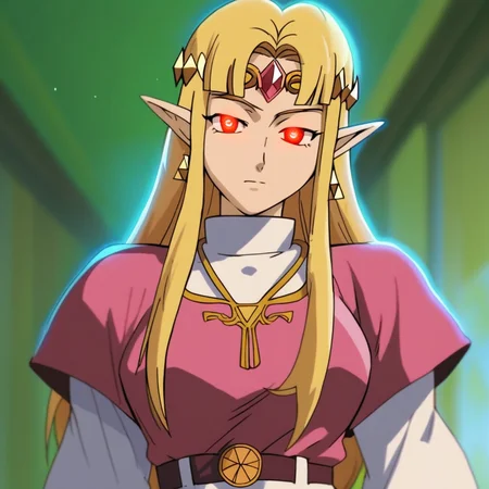 source_anime, D4RK3RTH4NBL4CK, DTB_Style,((score_9)),score_8_up,score_7_up,score_6_up,score_5_up,score_4_up, retro_artstyle, anime style, 1woman, Princess Zelda, blonde hair, large breasts, green eyes, Contractor, red eyes, glowing, glowing eyes, looking at viewer, facing viewer, masterpiece, best quality, highres, best illumination, depth of field, Artist style:komori_takahiro