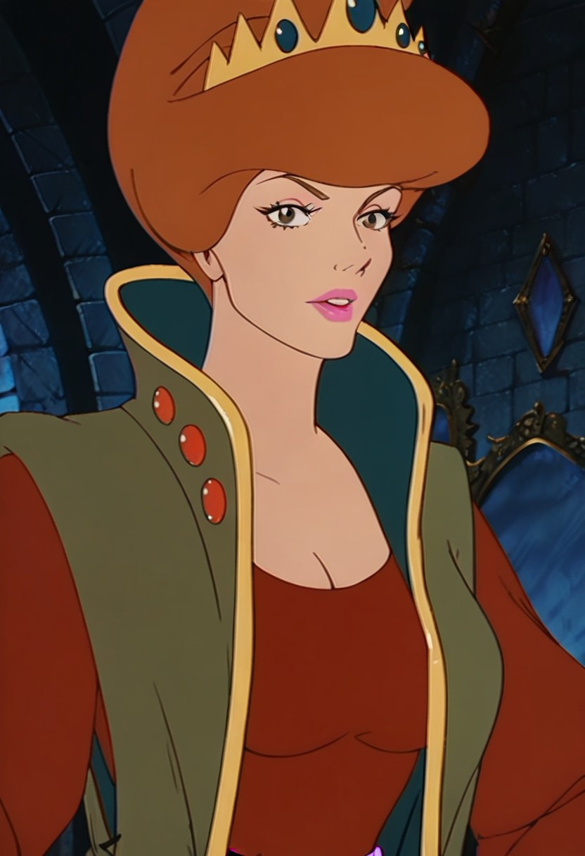 score_9_up, score_8_up, score_7_up, source_cartoon, rating_safe 
JetLagEvilQueen, brown hair, orange hair, lips, lipstick, makeup, brown eyes, breasts, medium breasts, 1girl, crown, short hair, long sleeves,  dress, red dress, cleavage, robe vest, puffy sleeves, solo, upper body, dutch angle, looking at viewer,