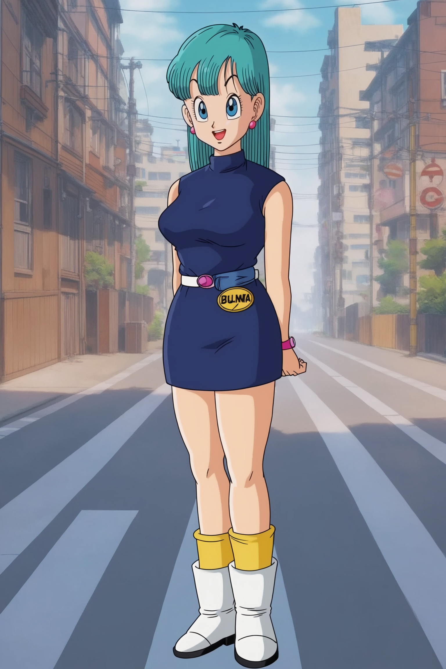 source_anime, score_9, score_8_up, score_7_up, anime screencap, absurdres,
bulma \(dragonball\), official style, aged up, logo print, bracelet, blue dress, large breasts, arms behind back, 1girl, solo, short hair, fringe trim, breasts, looking at viewer, smile, open mouth, bangs, blue eyes, dress, yellow legwear, standing, full body, earrings, boots, outdoors, sky, sleeveless, day, socks, belt, cloud, tree, blue sky, aqua hair, sleeveless dress, shadow, short dress, white footwear, cloudy sky, building, wristband, watch, city, wristwatch, road, power lines, street, photo background, clothes writing, white belt, fanny pack, eyebrows, eyelashes
<lora:DB_Bulma_v1:0.8>