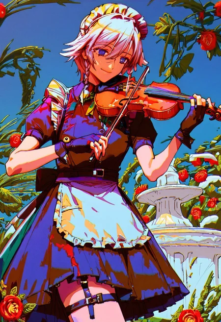 score_9, score_8_up, score_7_up, exterior, garden, fountain, flower, 1girl, solo, solo focus, cowboy shot, sky, blue background, skinny, slender, tall, standing izayoi_sakuya, Izayoi Sakuya playing violin in the garden in front of a fountain, violin, maid, smile, blue eyes, white hair, short hair, twin_braids, green bows, ribbon, blue maid uniform, white maid headdress, white apron, puffy sleeves, detached collar, wrist cuffs, gloves, thigh strap, knife, clock, pocket watch, <lora:mizucx2:1.3>
<lora:holding_violin_holding_bow_music:0.8> violin, holding violin, holding bow (music), playing instrument, 
<lora:violin:0.9> violin, playing violin, bow (music)