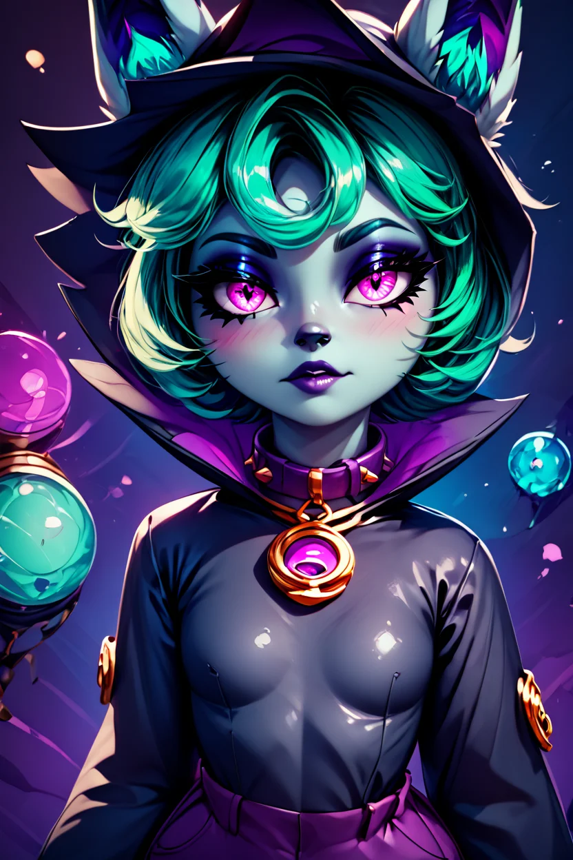 score_9, score_8_up, score_8, medium breasts, (curvy), cute, eyelashes, BREAK, , zzVex, pink eyes, green hair, bangs, short hair, grey skin, colored skin, black hood, hood up, ears through headwear, white animal ears, black shirt, purple collar, golden ornament, long sleeves, sleeves past wrists, purple pants, <lora:Vex_PDXL:1.0>,, BREAK, (ultra realistic,32k, masterpiece:1.2),(high detailed skin:1.1),( high quality:1.1), curvy, head tilt, hearts, blush, lips, closed mouth, curvy, head tilt, shiny clothes, (upper body), looking at viewer, bokeh, luminescent background, ,,, embedding:zPDXL, Expressiveh, ,,, <lora:RlAnmPDXL:1.0>,