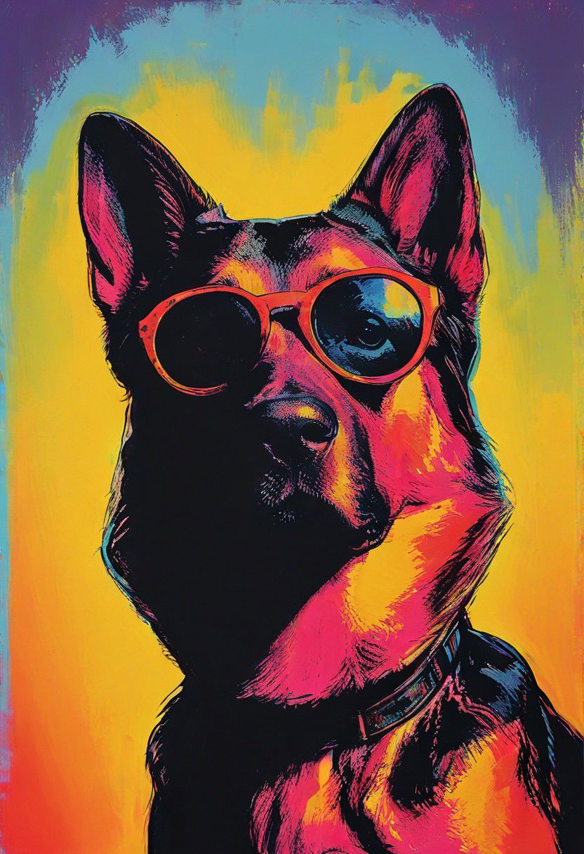 impactful color paint of, a german shepherd dog wearing dark sunglasses, highly detailed, vibrant colors , 8k, sharp, professional, clear, high contrast, high saturated, , vivid deep blacks, crystal clear