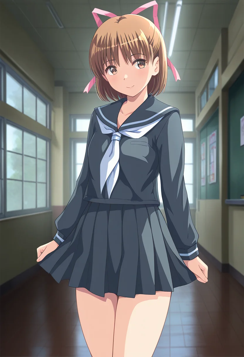 masterpiece, best quality, amazing quality, 1girl, solo, cowboy shot, koyukiww, brown eyes, brown hair, short hair, pink hair ribbon, small breasts, school uniform, dark grey serafuku, long sleeves, dark grey pleated skirt, black socks, looking at viewer, smile, indoors, skindentation, detailed clothing folds, depth of field, sharp, high contrast, dynamic light <lora:Shintaisou_Shin_Koyuki_Fujimiya_ill:0.9>