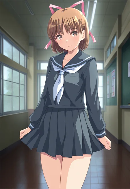 masterpiece, best quality, amazing quality, 1girl, solo, cowboy shot, koyukiww, brown eyes, brown hair, short hair, pink hair ribbon, small breasts, school uniform, dark grey serafuku, long sleeves, dark grey pleated skirt, black socks, looking at viewer, smile, indoors, skindentation, detailed clothing folds, depth of field, sharp, high contrast, dynamic light <lora:Shintaisou_Shin_Koyuki_Fujimiya_ill:0.9>