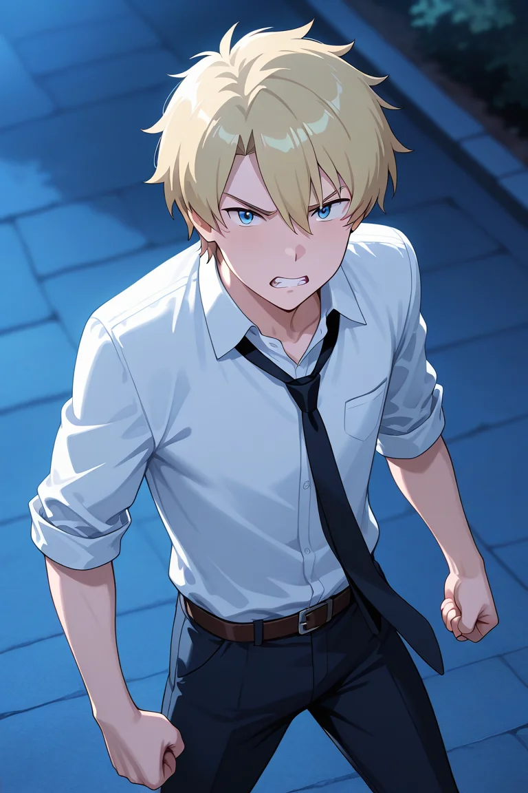 masterpiece, absurdres, newest, perfect quality, best quality, absolutely eye-catching, amazing quality, very aesthetic, high resolution, ultra-detailed, 1boy, male focus, solo, yamato_ishida_tri, blond hair, blue eyes, shirt, navy necktie, rolled up sleeves, pants, belt, looking at viewer, clenched teeth, clenched fists, dynamic pose, detailed background, outdoors, night, cinematic lighting, vibrant colors, from above