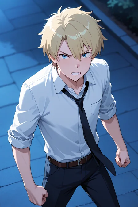 masterpiece, absurdres, newest, perfect quality, best quality, absolutely eye-catching, amazing quality, very aesthetic, high resolution, ultra-detailed, 1boy, male focus, solo, yamato_ishida_tri, blond hair, blue eyes, shirt, navy necktie, rolled up sleeves, pants, belt, looking at viewer, clenched teeth, clenched fists, dynamic pose, detailed background, outdoors, night, cinematic lighting, vibrant colors, from above