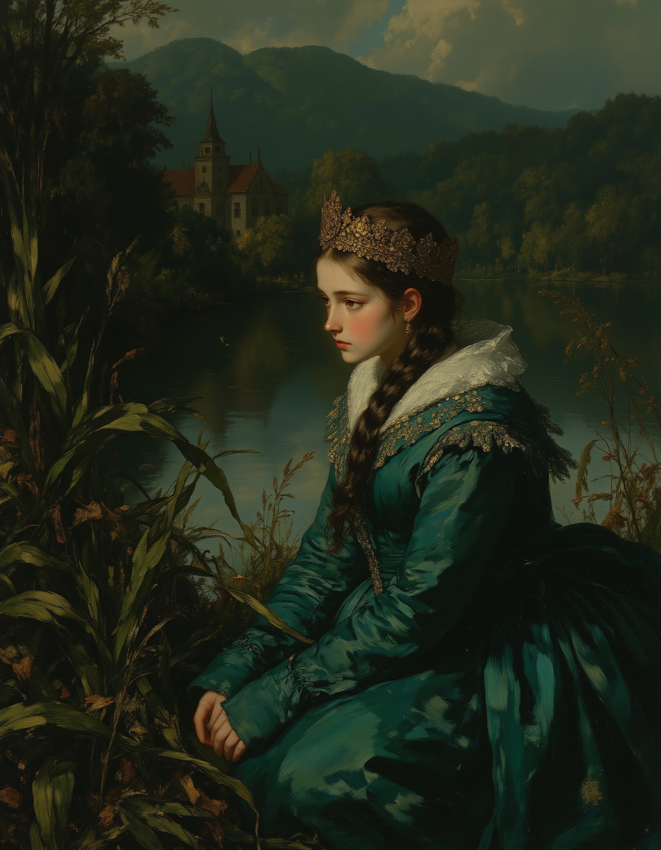 masterpiece, high quality, Oil Painting, Hyper-realistic, Nixport, a Slavic princess sits among tall reeds by the water's edge. Her gown, woven from fine silk and embroidered with ancient motifs, shimmers with the hues of deep sapphire and forest green. A delicate kokoshnik crowns her braided hair, its intricate gold filigree catching the last light of the sun. Her gaze is distant, contemplative, as she listens to the whispers of the reeds and the rippling waterâperhaps waiting for a lost lover or heeding the call of unseen spirits. Fireflies dance around her like scattered stars, illuminating the twilight with their ghostly glow. The atmosphere is one of mystery and longing, steeped in the rich, haunting beauty of Slavic myth. The landscape behind her is veiled in mist, with shadowy trees and a glimpse of an ancient wooden palace, barely visible through the gathering twilight. Focus on the girl, intricate lines, intriguing atmosphere, sharp magnificent details, delicate features, elaborate details, (2/3 rule composition:0.5), ultra detailed, romantic, Rembrandt lighting, brush stroke, lovely, del1cate_balance style, novuschroma, FS, in the style of Rembrandt. vantablack <lora:style_of_Rembrandt_FLUX_135:.8> <lora:- Flux1 - vanta_black_V2.0:.4> <lora:Delicate_Balance:.3> <lora:neeeg_f1:-1> <lora:113_novuschromaFLX_1:.3> <lora:Midjourney_Whisper_Minimal:.3> <lora:FS_v2:.5> <lora:NixPort_style_for_semi-real_upper_body_portrait:.8>