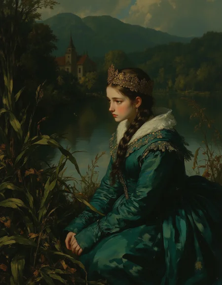 masterpiece, high quality, Oil Painting, Hyper-realistic, Nixport, a Slavic princess sits among tall reeds by the water's edge. Her gown, woven from fine silk and embroidered with ancient motifs, shimmers with the hues of deep sapphire and forest green. A delicate kokoshnik crowns her braided hair, its intricate gold filigree catching the last light of the sun. Her gaze is distant, contemplative, as she listens to the whispers of the reeds and the rippling waterâperhaps waiting for a lost lover or heeding the call of unseen spirits. Fireflies dance around her like scattered stars, illuminating the twilight with their ghostly glow. The atmosphere is one of mystery and longing, steeped in the rich, haunting beauty of Slavic myth. The landscape behind her is veiled in mist, with shadowy trees and a glimpse of an ancient wooden palace, barely visible through the gathering twilight. Focus on the girl, intricate lines, intriguing atmosphere, sharp magnificent details, delicate features, elaborate details, (2/3 rule composition:0.5), ultra detailed, romantic, Rembrandt lighting, brush stroke, lovely, del1cate_balance style, novuschroma, FS, in the style of Rembrandt. vantablack <lora:style_of_Rembrandt_FLUX_135:.8> <lora:- Flux1 - vanta_black_V2.0:.4> <lora:Delicate_Balance:.3> <lora:neeeg_f1:-1> <lora:113_novuschromaFLX_1:.3> <lora:Midjourney_Whisper_Minimal:.3> <lora:FS_v2:.5> <lora:NixPort_style_for_semi-real_upper_body_portrait:.8>