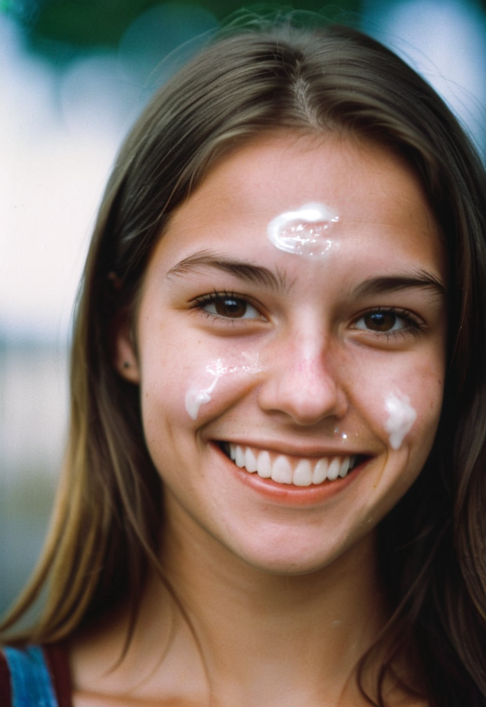 closeup portrait photo of a young woman smiles.(lot of cum on face:1.6)