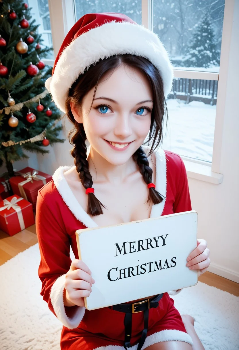 score_9, score_8_up, score_8, score_7_up, score_7, RAW, photo, photorealistic, HD, dynamic lighting, masterpiece, realistic, masterpiece,best quality, absurdres, uncensored, inside, living room, fireplace, christmas, christmas tree, window, snow visible through window, 1girl, solo, lilykat, shy smile, sitting on floor, from above, surrounded by wrapped presents, in front of christmas tree, looking at viewer, cowboy shot, santa costume, cleavage miniskirt, santa hat, ribbon wrapped outfit, <lora:Breast Size Slider.safetensors:0.76>, <lora:Dark.safetensors:0.2>,<lora:zy_Realism_Enhancer_v1.safetensors:0.5>, holding blank sign,upper body