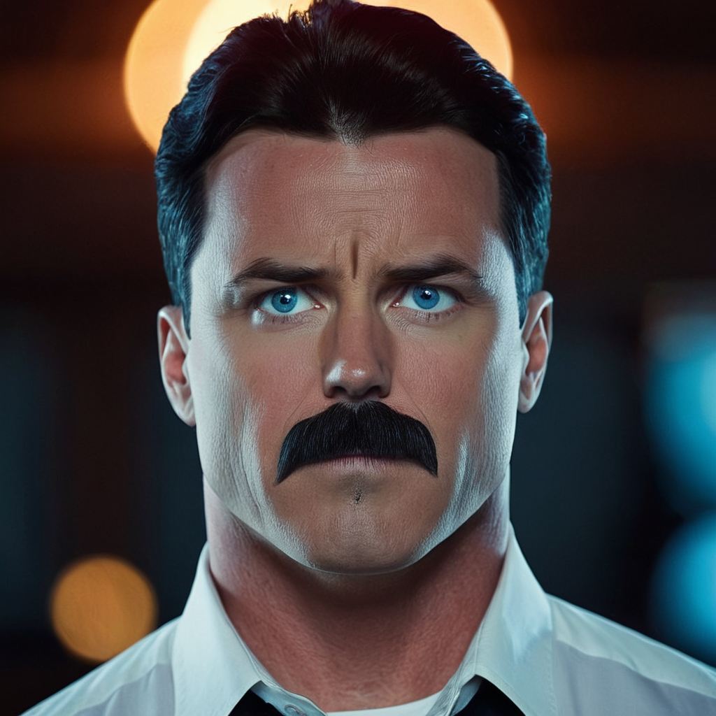 cinematic film still of  <lora:Invincible (TV series):0.4>
 <lora:detailed:0.4> detailed
 <lora:perfection style:0.4> perfect
 <lora:PerfectEyesXL:0.3>
 <lora:Nolan Grayson:1>
Nolan Grayson a man with a mustache and a moustache stares at the camera,serious look on fac,solo,looking at viewer,short hair,blue eyes,black hair,1boy,male focus,facial hair,parody,thick eyebrows,black background,mustache,scene reference, shallow depth of field, vignette, highly detailed, high budget, bokeh, cinemascope, moody, epic, gorgeous, film grain, grainy