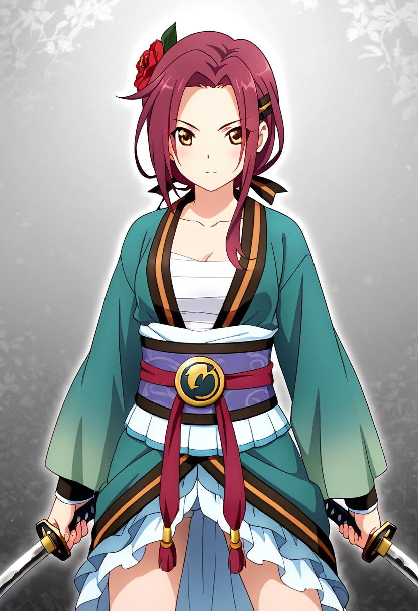 <lora:ruka_IXL-06:0.7> 1girl,tachiarairuka,red hair,hairclip,red hair flower,rukadefaultoutfit,sarashi, cowboy shot,dual wielding katana
,best quality,masterpiece