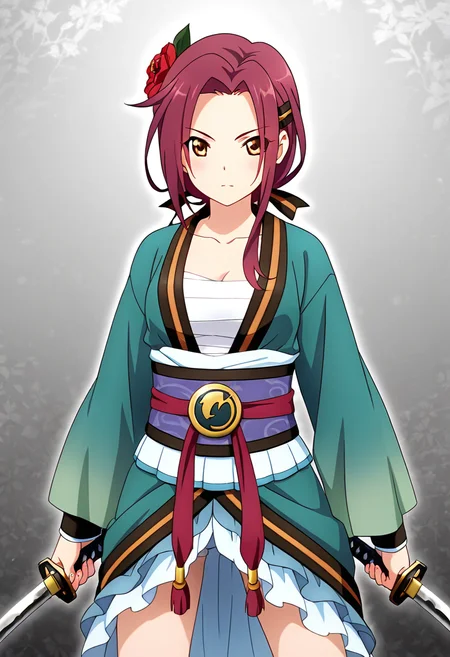 <lora:ruka_IXL-06:0.7> 1girl,tachiarairuka,red hair,hairclip,red hair flower,rukadefaultoutfit,sarashi, cowboy shot,dual wielding katana
,best quality,masterpiece