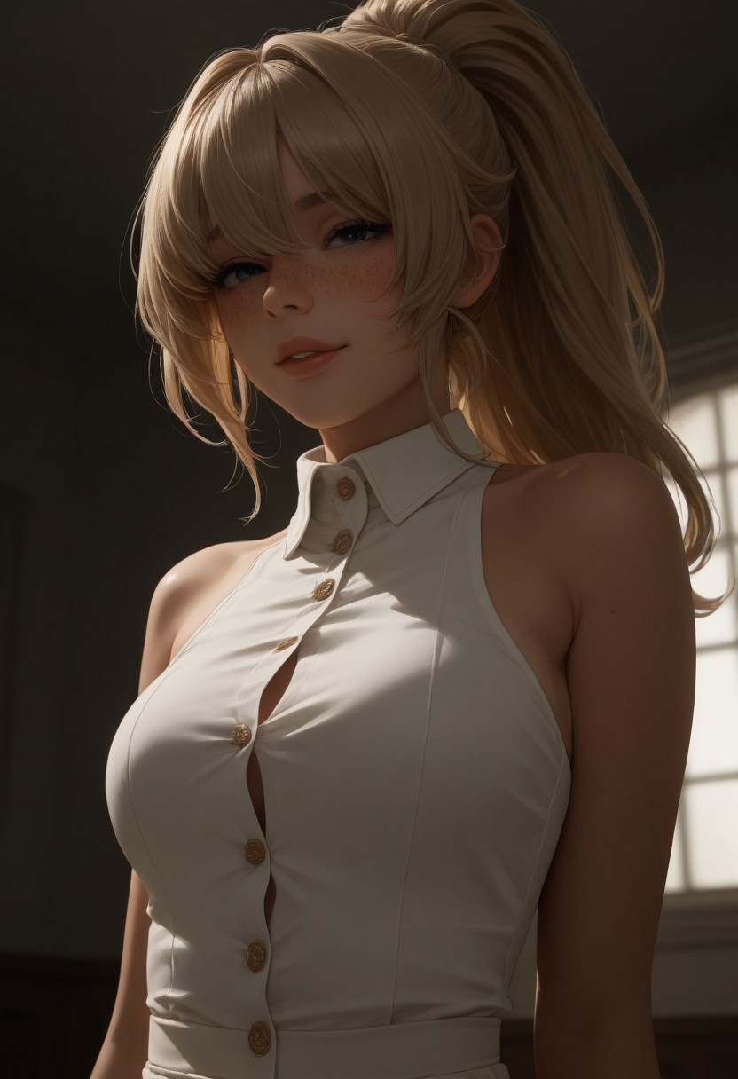 score_9, score_8_up, score_7_up, score_6_up, 1girl, tanned, freckles, long blond ponytail, bangs, cute face, blushing, flat chested, undersized button collar dress, breast conscious, full lips, Expressiveh, hair over eyes, wardrobe malfunction, breast focus, seductive smile, dutch angle, atmospheric lighting, sideboob,  undersized clothes