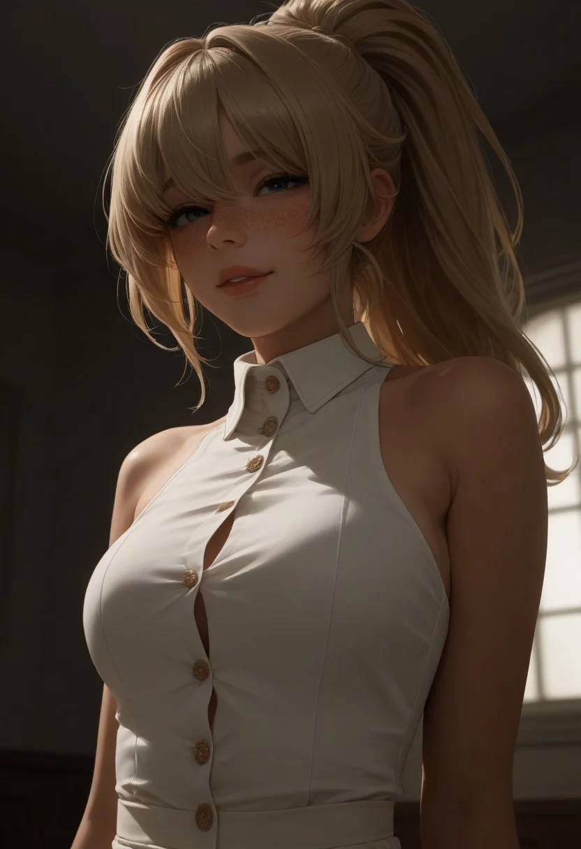 score_9, score_8_up, score_7_up, score_6_up, 1girl, tanned, freckles, long blond ponytail, bangs, cute face, blushing, flat chested, undersized button collar dress, breast conscious, full lips, Expressiveh, hair over eyes, wardrobe malfunction, breast focus, seductive smile, dutch angle, atmospheric lighting, sideboob, undersized clothes