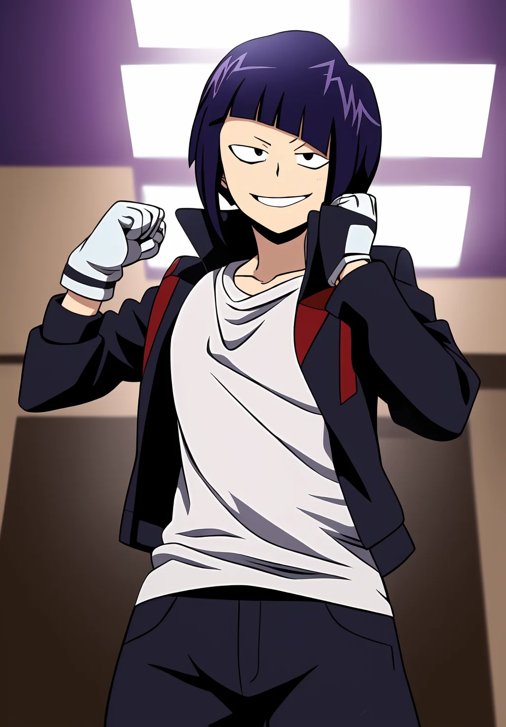 <lora:kyoka_jiro:0.8>, kyoka_jiro, (masterpiece, best quality,perfect lighting), 1girl, solo, smirk, strike a pose, shirt, gloves, jacket, open clothes,
