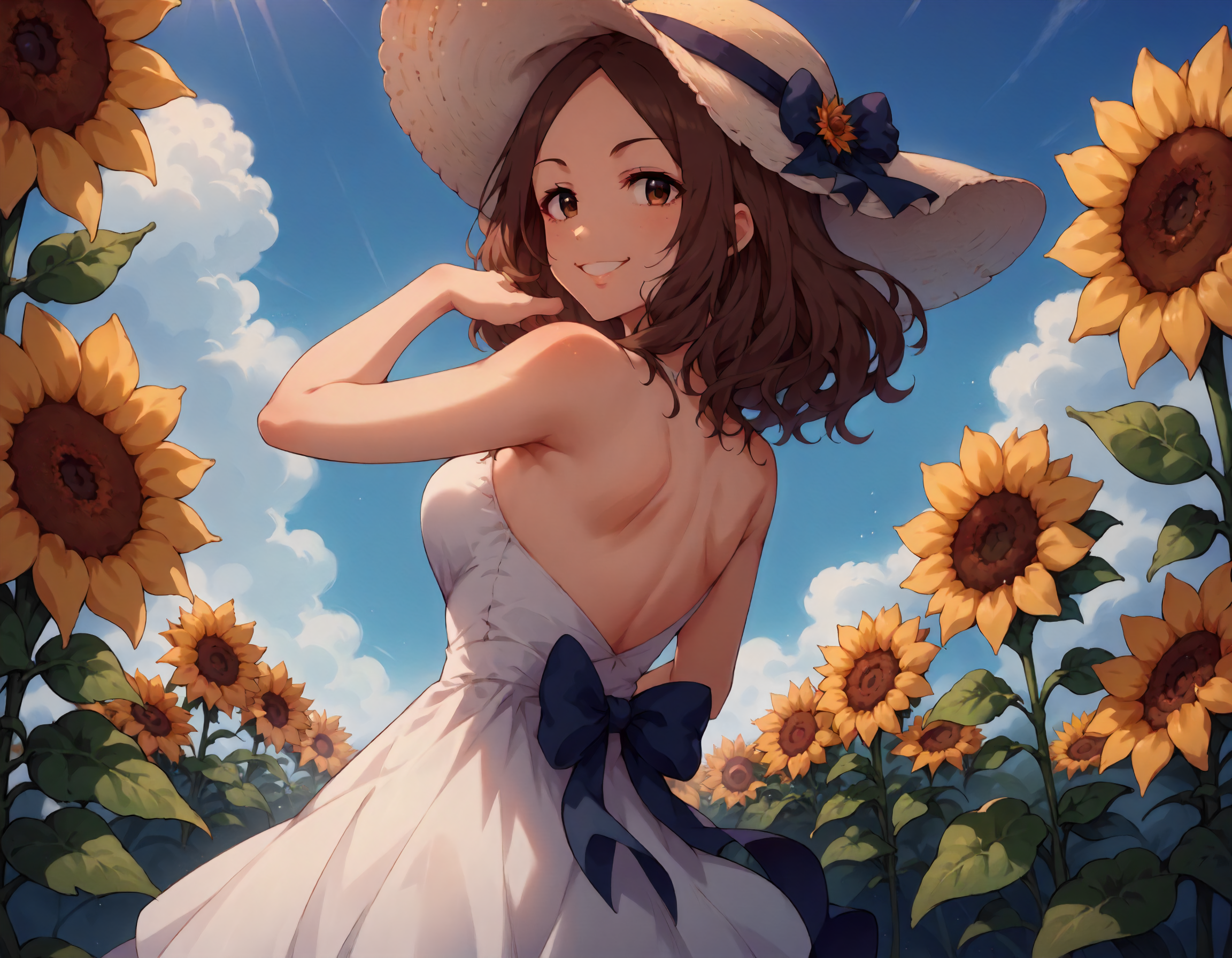 score_9,score_8_up,score_7_up,1girl,solo,standing,looking at viewer,looking back,smile,sunflower field,arms down,
<lora:sawadamarina_ponyXLV6:0.8>,cgsmr,brown hair,long hair,brown eyes,
white summer hat,white sundress