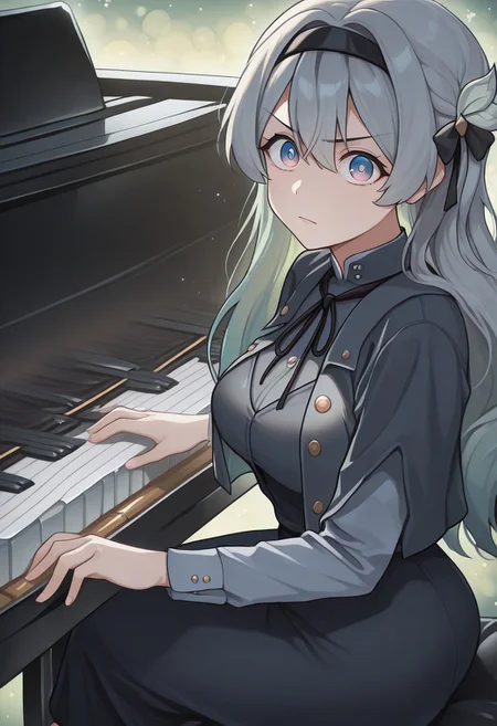 masterpiece, best quality, amazing quality, very aesthetic, absurdres, newest,  amazing detail, intricate detail, firefly, jepella, grand piano, sitting, playing piano