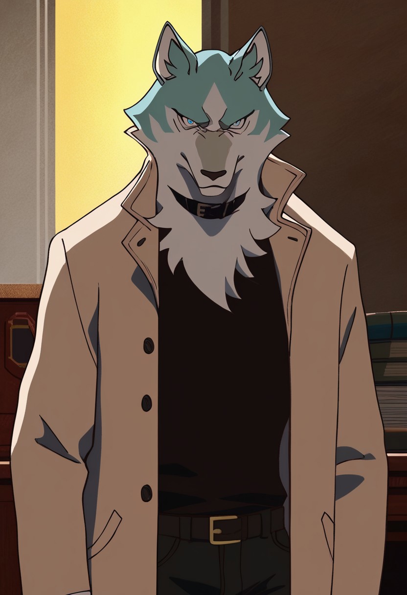 score_9_up, score_8_up, score_7_up, masterpiece, best quality, amazing quality, very aesthetic, absurdres, newest,  high quality, detailed, male, solo male, Shirou Ogami, 1boy, mature male, male, athletic build, anthro, wolf, animal ears, white and teal fur, ice blue eyes, light tan trench coat, black sweater, black gloves, dark gray pants, black choker collar, half body, looking at viewer, stern expression, indoors, office, volumetric lighting