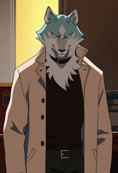 score_9_up, score_8_up, score_7_up, masterpiece, best quality, amazing quality, very aesthetic, absurdres, newest, high quality, detailed, male, solo male, Shirou Ogami, 1boy, mature male, male, athletic build, anthro, wolf, animal ears, white and teal fur, ice blue eyes, light tan trench coat, black sweater, black gloves, dark gray pants, black choker collar, half body, looking at viewer, stern expression, indoors, office, volumetric lighting