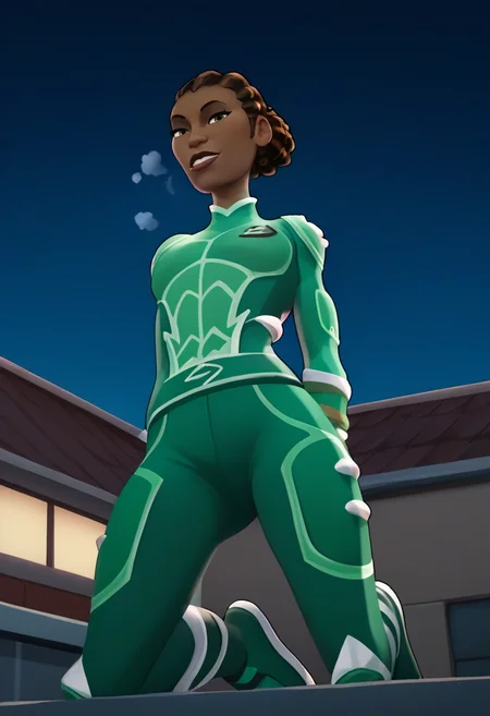 score_9, score_8_up, score_7_up,score_6_up, source_realistic, roof, night, ultra detailed, high quality, rating_safe, 
BREAK
agura ibaden, dark skin, green bodysuit, dreadlocks, hair_bun,  narrow waist, breats, in heat, kneeling, from below, looking at viewer, <lora:agura:1>